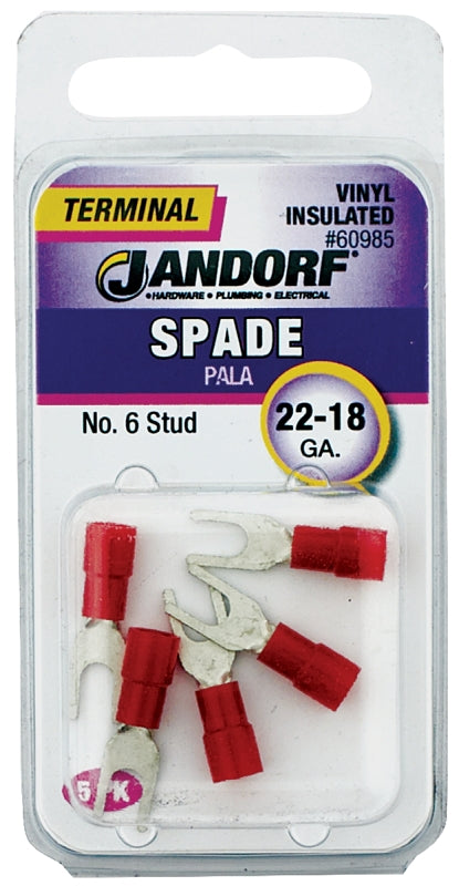 JANDORF 60985 Spade Terminal, 600 V, 22 to 18 AWG Wire, #6 Stud, Vinyl Insulation, Copper Contact, Red