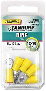 Jandorf 60995 Ring Terminal, 12 to 10 AWG Wire, #10 Stud, Vinyl Insulation, Copper Contact, Yellow