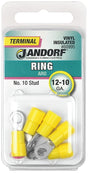 Jandorf 60995 Ring Terminal, 12 to 10 AWG Wire, #10 Stud, Vinyl Insulation, Copper Contact, Yellow