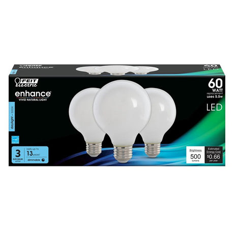 Feit Electric G2560W/950CA/FIL Globe LED Bulb, Globe, G25 Lamp, 60 W Equivalent, E26 Lamp Base, Dimmable, Daylight Light