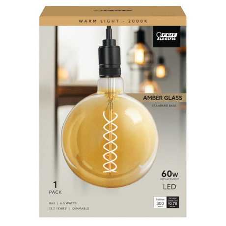 Feit Electric G63/S/820/LED Globe LED Bulb, Spiral Filament, G63 Lamp, 60 W Equivalent, E26 Lamp Base, Dimmable, Amber, Pack of 3
