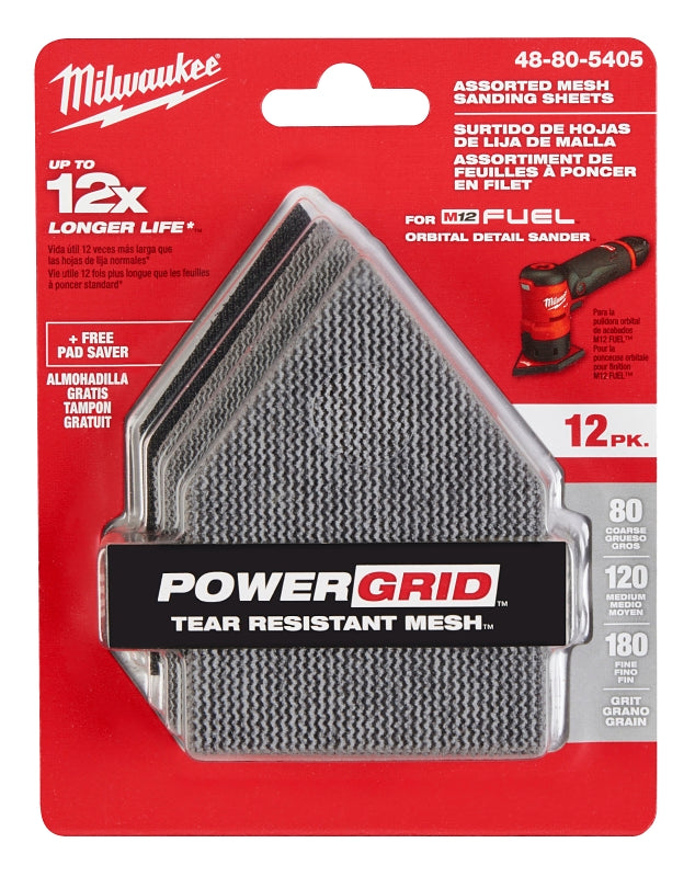 Milwaukee 48-80-5405 Mesh Sanding Sheet, 3-5/8 in W, 3-3/4 in L, 80, 120, 180 Grit, Aluminum Oxide Abrasive, Nylon Backing, 12/PK, Pack of 3