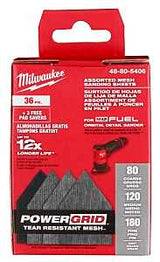 Milwaukee 48-80-5406 Mesh Sanding Sheet, 3-5/8 in W, 3-3/4 in L, 80, 120, 180 Grit, Aluminum Oxide Abrasive, Nylon Backing, 36/PK