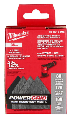 Milwaukee 48-80-5406 Mesh Sanding Sheet, 3-5/8 in W, 3-3/4 in L, 80, 120, 180 Grit, Aluminum Oxide, Nylon Backing, 36/PK