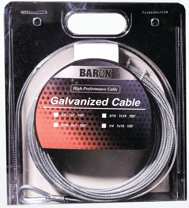 Baron 76005/50067 Aircraft Cable, 1/16 in Dia, 100 ft L, 96 lb Working Load, Galvanized Steel