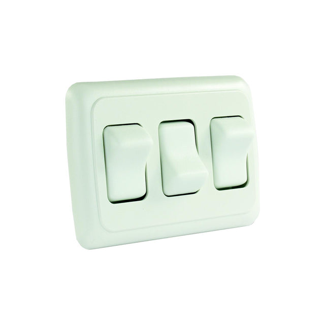 JR Products 12025 White Triple RV Rocker Switch Assembly with Bezel