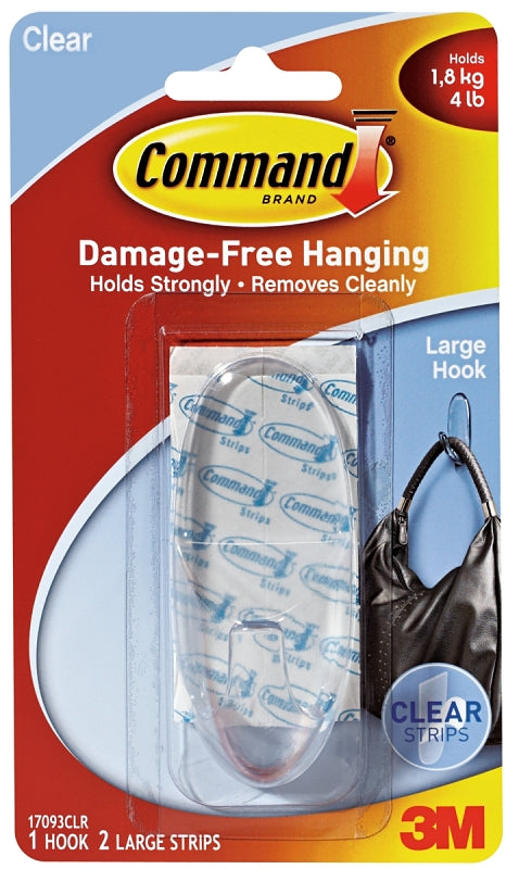 Command 17093CLR Adhesive Hook, 4 lb, 1-Hook, Plastic, Clear, Pack of 6