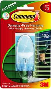 Command 17093CLR-AW Window Hook, 3-3/8 in L x 1-3/8 in W x 1 in H Dimensions, 4 lb, 1-Hook, Plastic, Clear