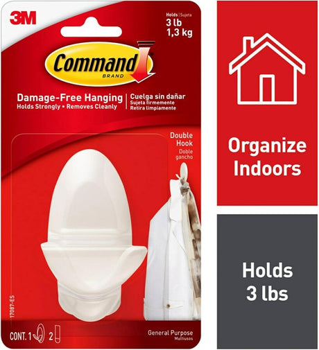 Command 17087-ES Medium Double Hook, 3 lb, 2-Hook, Plastic, White, Unfinished