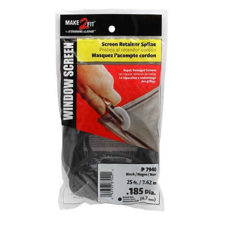 Make-2-Fit P7940 Screen Retainer Spline, 0.185 in D, 25 ft L, Vinyl, Black, Round