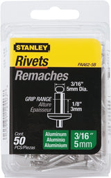 STANLEY PAA62-5B Pop Rivet, Reusable, 1/8 in Grip, 3/16, 1-1/2 in L, Aluminum, 50/PK