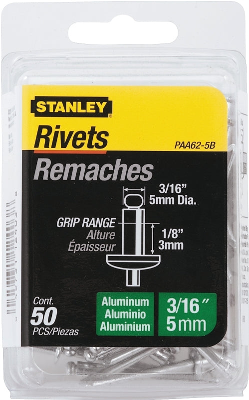 STANLEY PAA62-5B Pop Rivet, Reusable, 1/8 in Grip, 3/16, 1-1/2 in L, Aluminum, 50/PK
