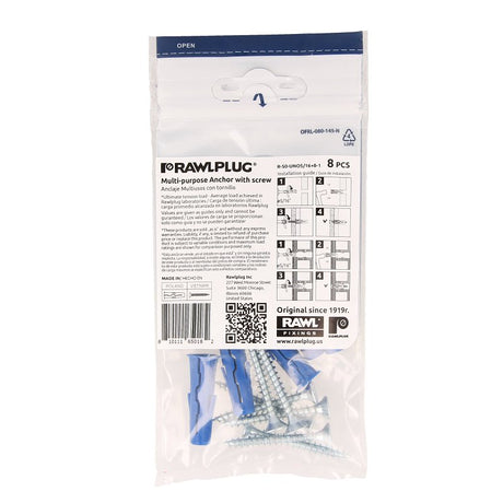 Rawlplug Rawl Uno Series R-S0-UNO5/16+8-1 Multi-Purpose Anchor, 16 mm Thread, 1-1/2 in L, Polypropylene, Pack of 8