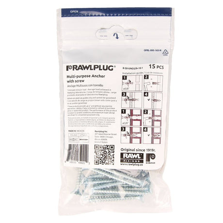 Rawlplug Rawl Uno Series R-S0-UNO3/8+10-1 Multi-Purpose Anchor, 16 mm Thread, 1 in L, Polypropylene, Pack of 5