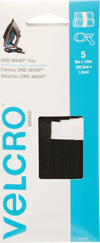 VELCRO Brand One Wrap 91426 Hook and Loop Fastener, 1/2 in W, 8 in L, Velcro, Black