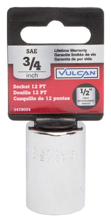 Vulcan MT6517270 Drive Socket, 3/4 in Socket, 1/2 in Drive, 12-Point, Chrome Vanadium Steel, Chrome
