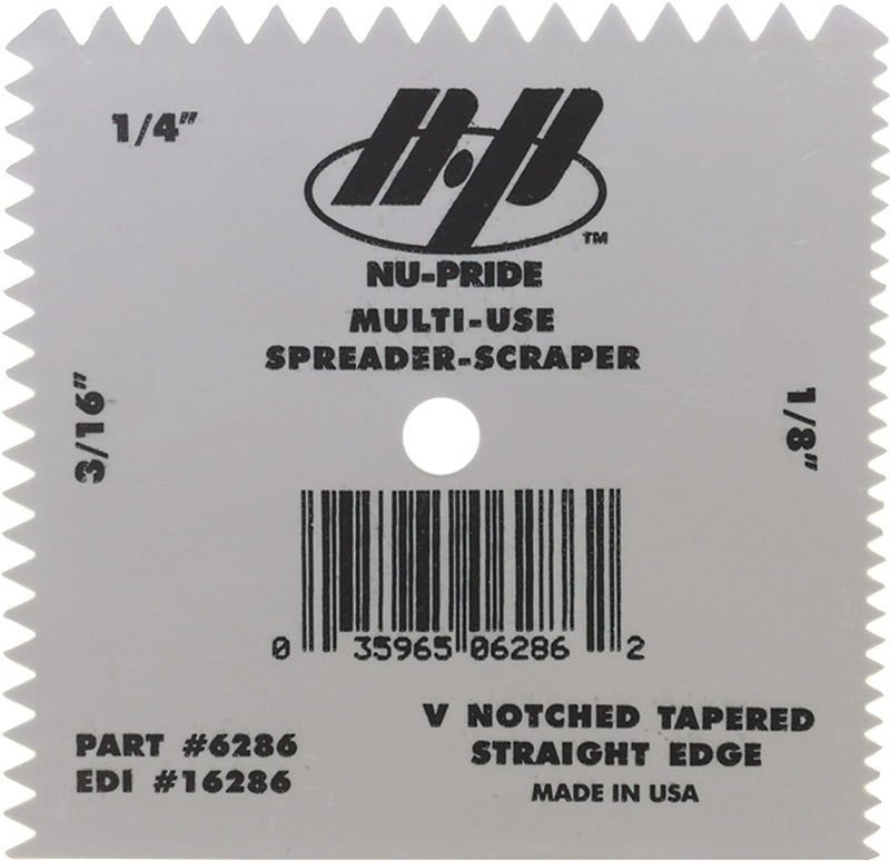 Nu-Pride multi-use spreader-scaper with branding and specifications on a gray background