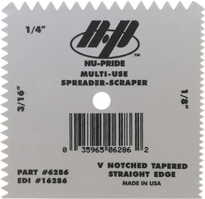 Nu-Pride multi-use spreader-scaper with branding and specifications on a gray background