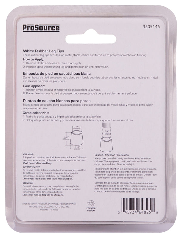 ProSource FE-50642-PS Furniture Leg Tip, Round, Rubber, White, 5/8 in Dia, 1-1/8 in H