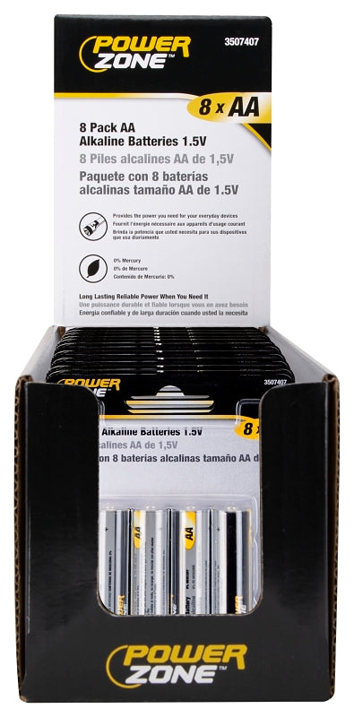 PowerZone LR6-8P-DB Battery, 1.5 V Battery, AA Battery, Zinc, Manganese Dioxide, and Potassium Hydroxide, Pack of 10