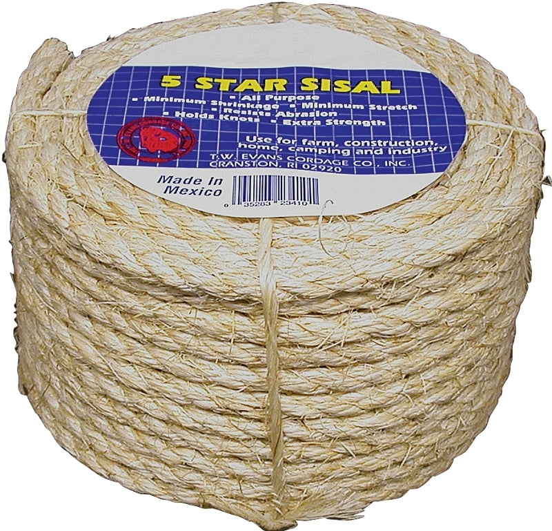 T.W. Evans Cordage 23-205 Rope, 1/4 in Dia, 50 ft L, 1/4 in, 900 lb Working Load, Sisal