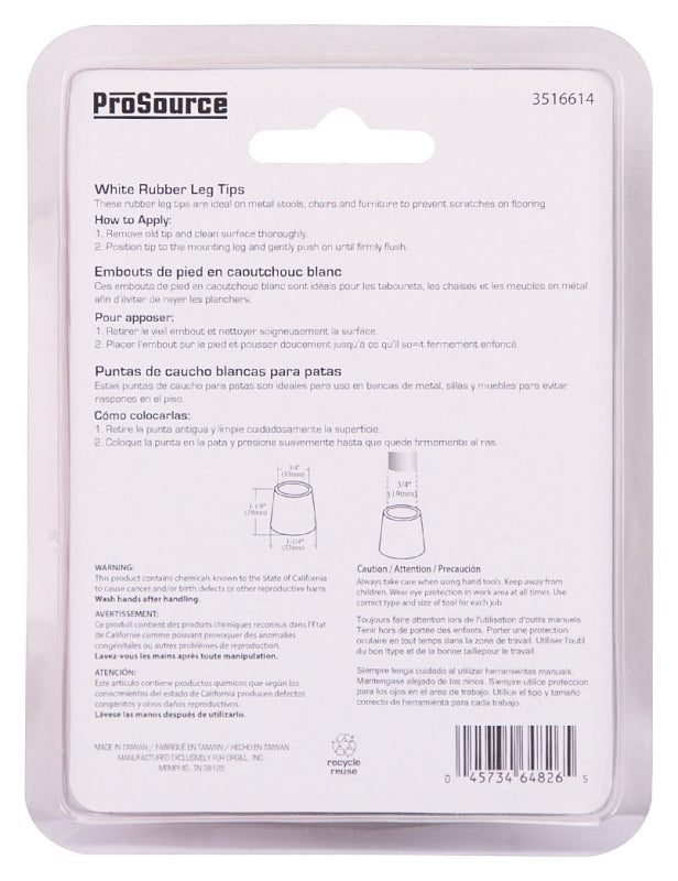 ProSource FE-50643-PS Furniture Leg Tip, Round, Rubber, White, 1-1/8 in H
