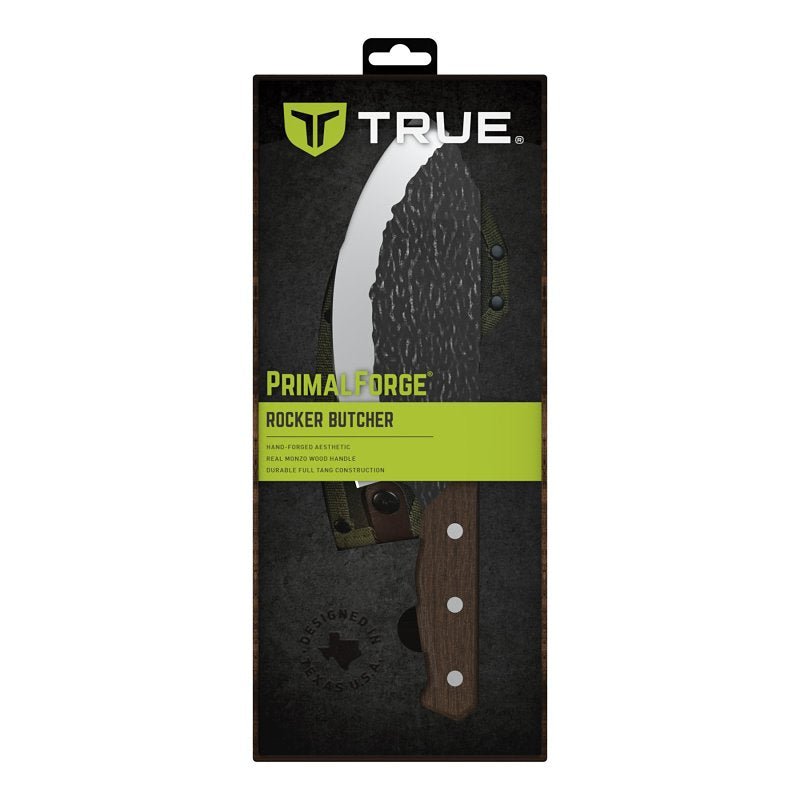 True PrimalForge Series TRU-FXK-1016 Rocker Butcher Knife, 8 in L Blade, Stainless Steel Blade, Real Monzo Wood Handle