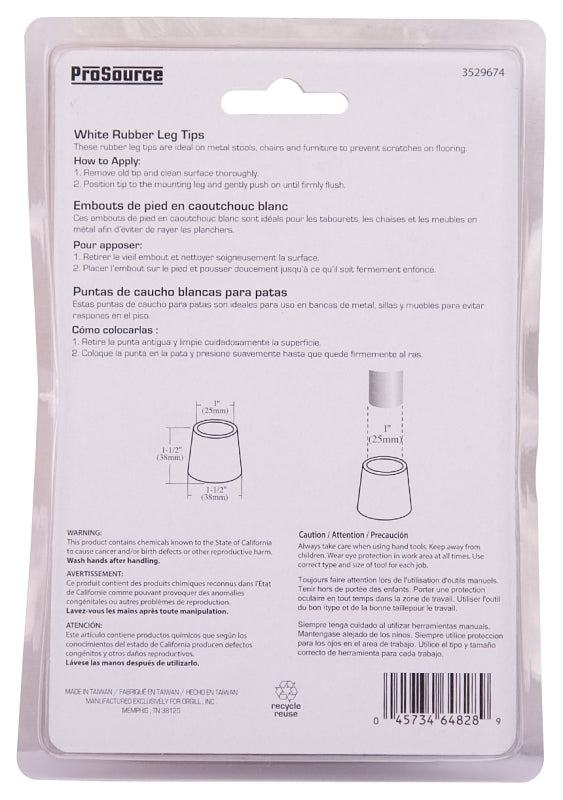 ProSource FE-50645-PS Furniture Leg Tip, Round, Rubber, White, 1 in Dia, 1-1/2 in H