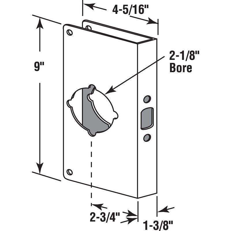 Prime-Line U 9549 Lock and Door Reinforcer, 2-3/4 in Backset, 1-3/8 in Thick Door, Brass, Bright Brass, 9 in H