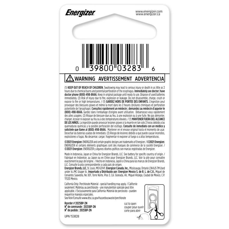 Energizer Lithium 2025 3 V Electronic/Watch Battery 2 pk