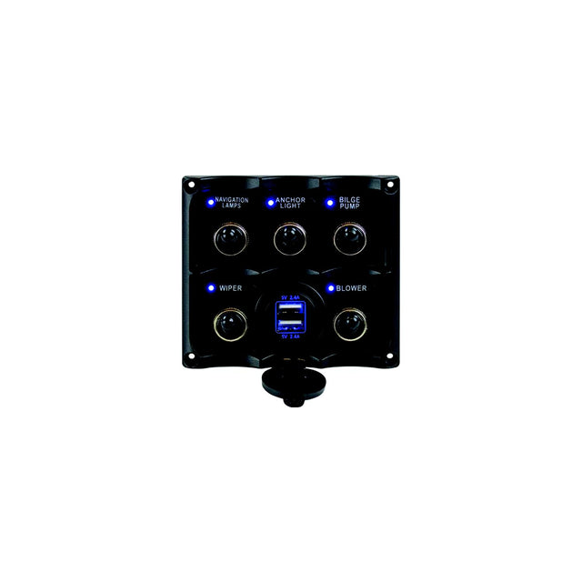 Seadog 424617-1 Water Resistant Toggle Switch Panel w/5 Switches &amp; USB Power Stocket
