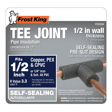 Frost King 5TEE58H Tee Pipe Insulation, 1/2 in Dia, Polyethylene Foam, 1/4, 1/2 in Pipe