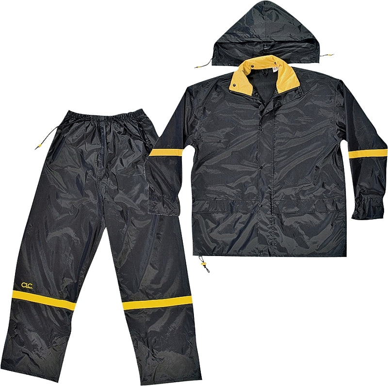 CLC R103X Rain Suit, XL, 190T Nylon, Black/Yellow, Detachable Collar, Zipper Closure