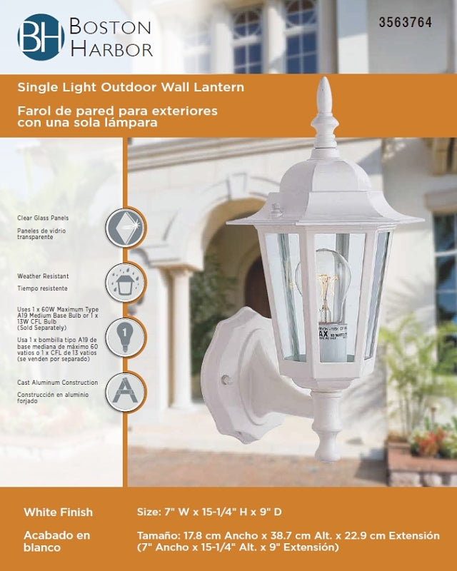 Boston Harbor AL8041-WH3L Outdoor Wall Lantern, 120 V, 60 W, A19 or CFL Lamp, Aluminum Fixture, White
