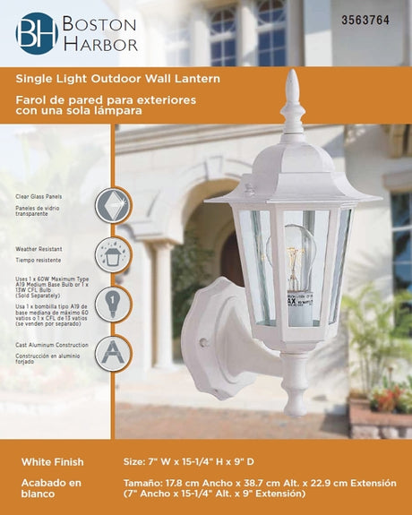 Boston Harbor AL8041-WH3L Outdoor Wall Lantern, 120 V, 60 W, A19 or CFL Lamp, Aluminum Fixture, White