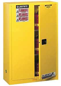 Justrite 894500 Safety Cabinet, 45 gal, 43 in OAW, 65 in OAH, 18 in OAD, 2-Shelf, Steel, Yellow