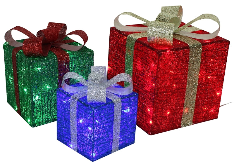 Hometown Holidays 56703 Pre-Lit 3D Gift Box, Mesh, Multi-Color, Mini Bulb, Internal Light/Music: Internal Light