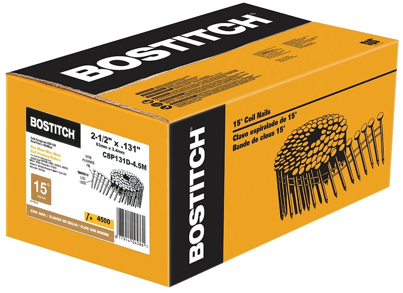 Bostitch C8P131D-4.5M Framing Nail, Adhesive Collation, 2-1/2 in L, Steel, Smooth Shank