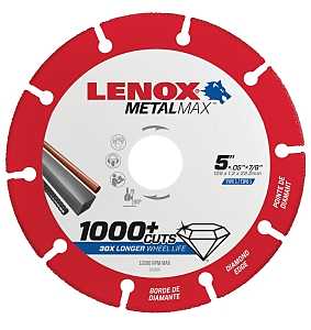 Lenox MetalMax 1972922 Cut-Off Wheel, 5 in Dia, 3/64 in Thick, 7/8 in Arbor, 40, 50 Grit, Diamond Abrasive