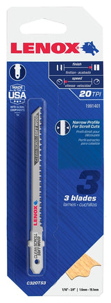 Lenox 1991401 Jig Saw Blade, 7/32 in W, 3-1/2 in L, 20 TPI, 3/PK