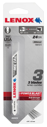 Lenox 1991571 Jig Saw Blade, 3/8 in W, 3-5/8 in L, 24 TPI, 0.037 in Thick, 3/PK
