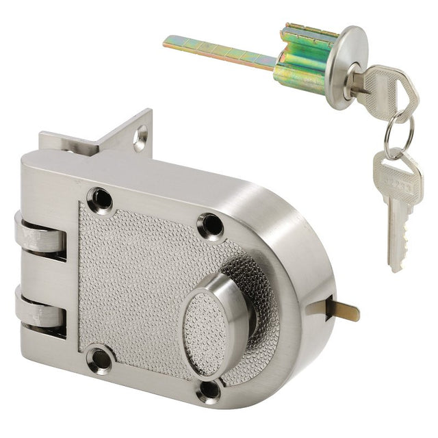 Prime-Line U 10817 Rim Deadbolt, Keyed Different Key, Aluminum, Satin Nickel, 2-9/32 in Backset, Kwikset Keyway