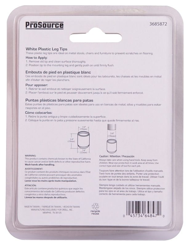 ProSource FE-50613-PS Furniture Leg Tip, Round, Plastic, White, 3/4 in Dia, 3/4 in H