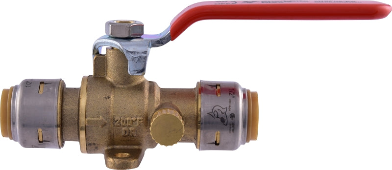 SharkBite UR24615A Ball Valve with Drain and Mounting Tab, 1/2 in Connection, Push-Fit, 250 psi Pressure, Brass Body