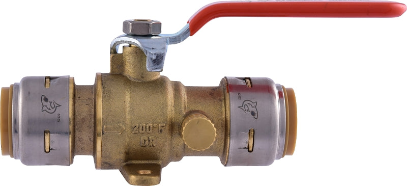 SharkBite UR24616A Ball Valve with Drain and Mounting Tab, 3/4 in Connection, Push-Fit, 250 psi Pressure, Brass Body