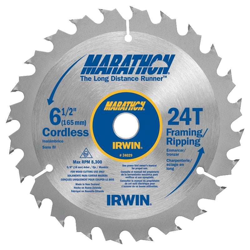 Irwin Marathon 24029 Circular Saw Blade, 6-1/2 in Dia, 5/8 in Arbor, 24-Teeth, Carbide Cutting Edge, Pack of 3