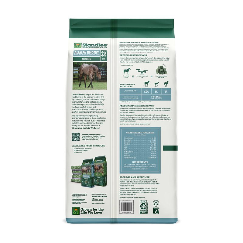 Standlee 1580-40101-0-0 Forage Grass, Cube, Alfalfa, Timothy Flavor, 40 lb Bag