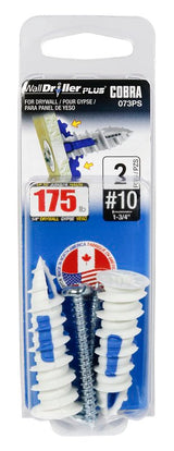 Cobra Anchors WallDriller PLUS 073PS Drywall Anchor, 2 in L, Acetyl/Nylon