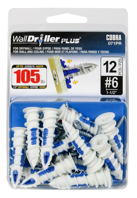 Cobra Anchors WallDriller PLUS 071PR Drywall Anchor, 1.62 in L, Acetyl/Nylon