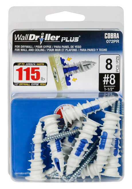 Cobra Anchors WallDriller PLUS 072PR Drywall Anchor, 1.72 in L, Acetyl/Nylon